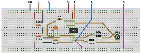 A circuit board with wires and wires
Description automatically generated